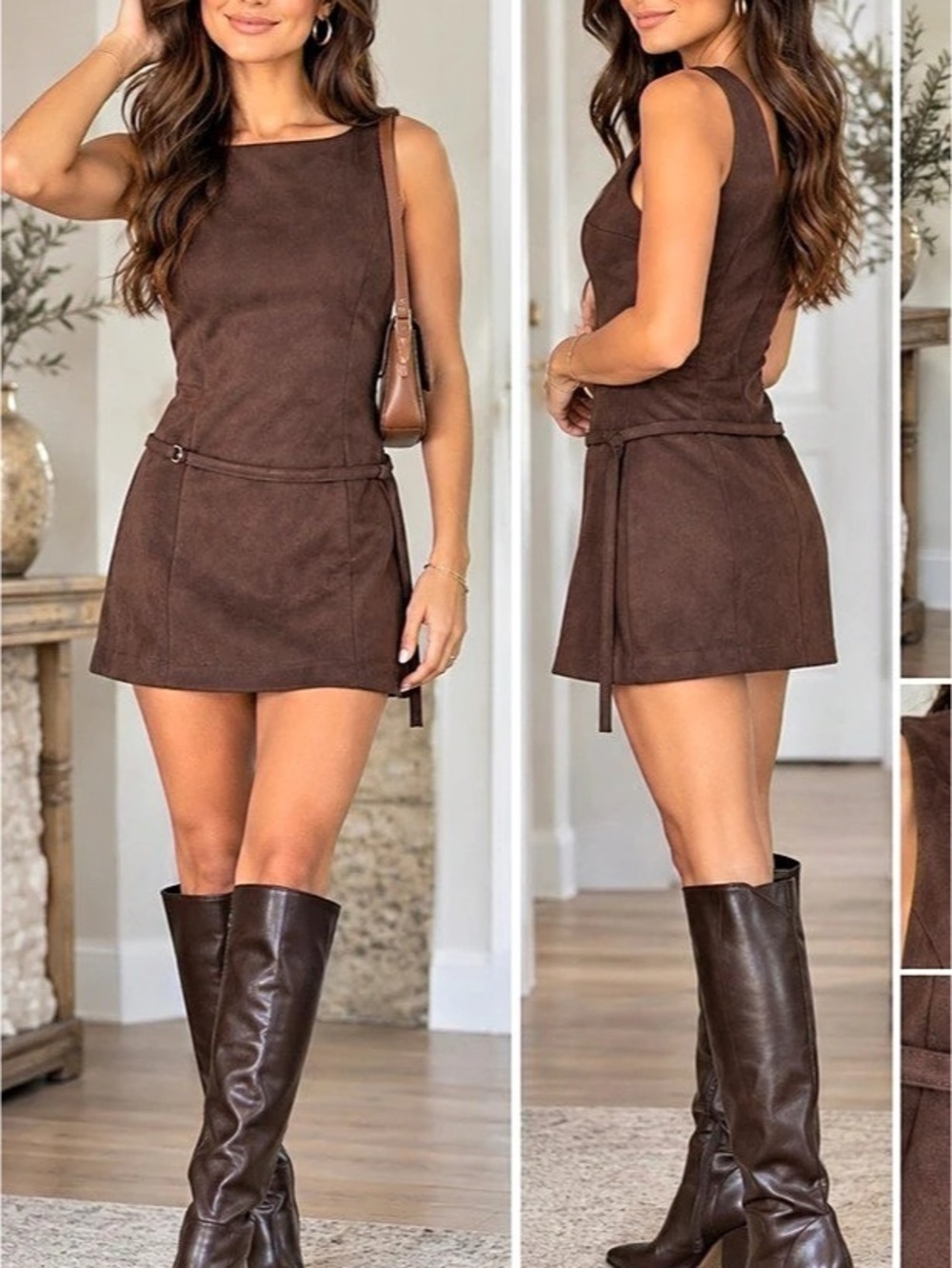 NWT- wild fableI Mini Belted Faux Suede Dress Brown Size XXS